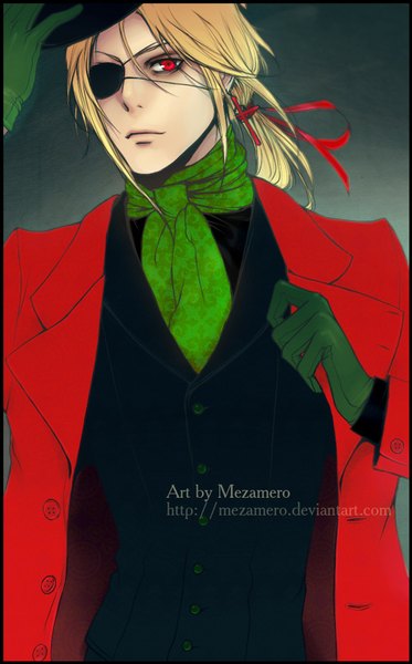 Anime picture 500x803 with original mezamero single long hair tall image looking at viewer simple background blonde hair red eyes signed ponytail open clothes open jacket dark background adjusting hat hat removed boy gloves ribbon (ribbons) hair ribbon