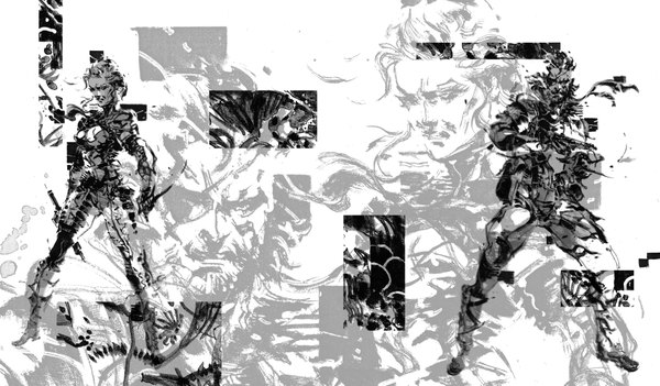 Anime picture 8000x4692 with metal gear metal gear solid solid snake the boss highres wide image absurdres monochrome zoom layer girl boy weapon boots knife