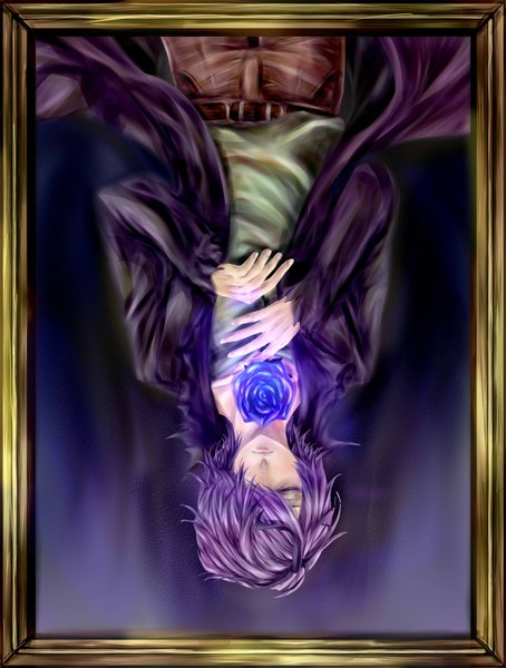 Anime picture 1500x1980 with ib (game) garry (ib) single tall image fringe short hair purple hair eyes closed hair over one eye framed upside down boy flower (flowers) coat blue rose