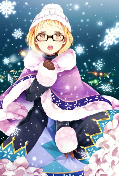 Anime picture 600x888 with matatabi dango single tall image blush short hair open mouth blonde hair yellow eyes fur trim snowing winter exhalation girl dress gloves hat glasses fur cape snowflake (snowflakes)