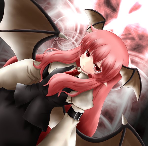 Anime picture 1229x1213 with touhou koakuma cocozasa (artist) long hair blush open mouth red eyes red hair pointy ears head wings girl dress skirt wings skirt set