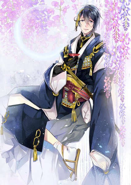 Anime picture 650x918 with touken ranbu nitroplus mikazuki munechika hash (artist) single tall image looking at viewer fringe short hair black hair hair between eyes sitting traditional clothes japanese clothes black eyes crescent sayagata boy gloves flower (flowers)