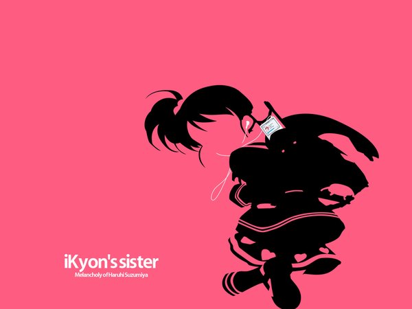 Anime picture 1024x768 with suzumiya haruhi no yuutsu kyoto animation ipod kyon no imouto pink background silhouette parody girl