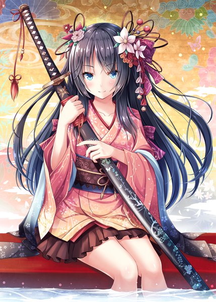 Anime picture 858x1200 with original akashio (loli ace) single long hair tall image looking at viewer blush fringe blue eyes black hair smile sitting holding traditional clothes japanese clothes hair flower soaking feet girl skirt hair ornament