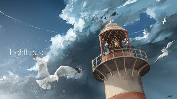 Anime picture 1366x768 with original jn3 wide image sky cloud (clouds) sunlight flying no people animal bird (birds) splashes seagull lighthouse
