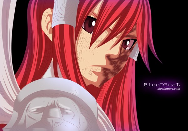 Anime picture 2000x1393 with fairy tail erza scarlet advance996 single long hair highres red eyes red hair inscription coloring black background girl