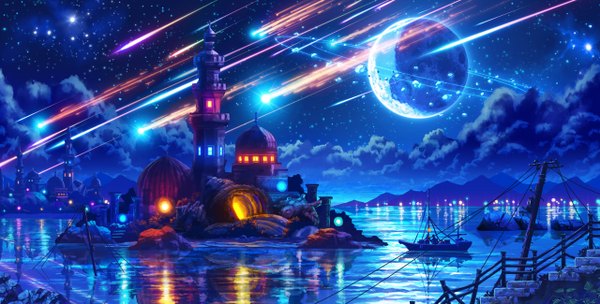 Anime picture 1280x650 with original youji (artist) wide image sky cloud (clouds) night sky city reflection mountain water star (stars) planet castle watercraft ship meteorite