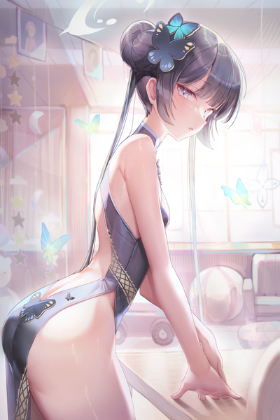 Anime picture 3000x4500 with blue archive kisaki (blue archive) misyune single long hair tall image looking at viewer blush fringe highres breasts open mouth blue eyes light erotic black hair standing twintails payot ass blunt bangs