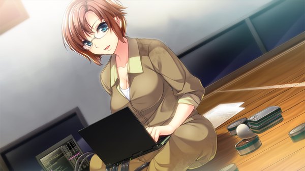 Anime picture 1280x720 with gun knight girl komiya tamaki sumeragi kohaku short hair blue eyes brown hair wide image game cg girl uniform glasses military uniform laptop