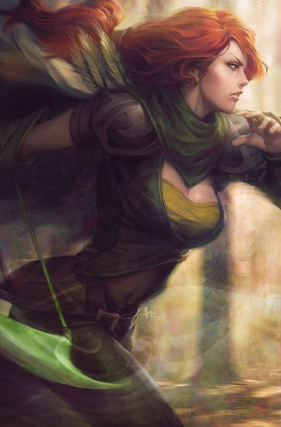 Anime picture 790x1200 with dota 2 (game) windranger (dota 2) artgerm (stanley lau) single long hair tall image breasts wind orange hair realistic running girl navel weapon cape bow (weapon) arrow (arrows)