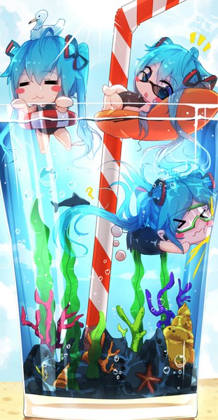 Anime picture 443x850 with vocaloid hatsune miku qys3 tall image blush smile twintails sky cloud (clouds) ahoge eyes closed very long hair parted lips aqua eyes aqua hair crossed legs chibi :3 multiple persona > <