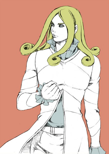 Anime picture 566x800 with jojo no kimyou na bouken steel ball run funny valentine chounorin single long hair tall image simple background blonde hair looking away grey eyes drill hair red background boy fist