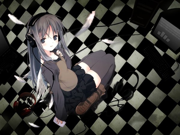 Anime picture 1600x1200 with long hair highres blue eyes grey hair wallpaper angel wings checkered floor angel checkered background jpeg artifacts thighhighs wings headphones laptop computer