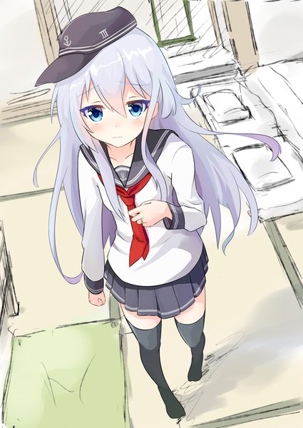 Anime picture 708x1000 with kantai collection hibiki destroyer kyoubu single long hair tall image blush fringe blue eyes hair between eyes standing payot looking away silver hair ahoge indoors long sleeves pleated skirt from above no shoes