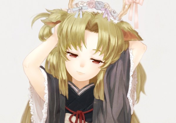 Anime picture 1610x1125 with original kome single long hair fringe simple background blonde hair red eyes animal ears traditional clothes japanese clothes horn (horns) arms up girl hair ornament flower (flowers) bow rose (roses) lace