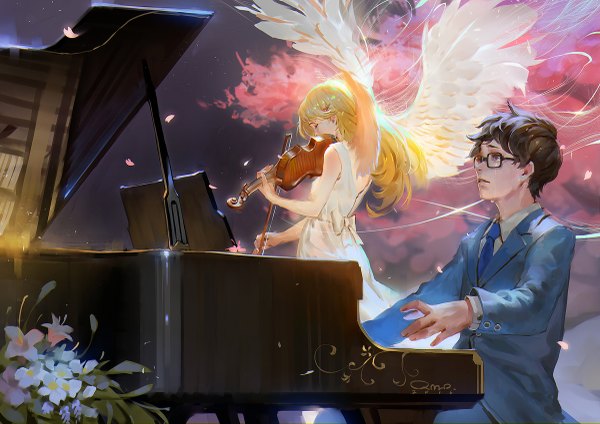 Anime picture 1200x849 with shigatsu wa kimi no uso a-1 pictures miyazono kaori arima kousei qmo (chalsoma) long hair short hair blue eyes black hair blonde hair standing sitting looking away eyes closed parted lips tears cherry blossoms angel wings crying playing instrument
