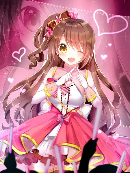 Anime picture 1300x1733 with idolmaster idolmaster cinderella girls idolmaster cinderella girls starlight stage shimamura uzuki seno (senohime) single long hair tall image blush open mouth brown hair bare shoulders yellow eyes one eye closed wink one side up ;d zoom layer fingers together concert