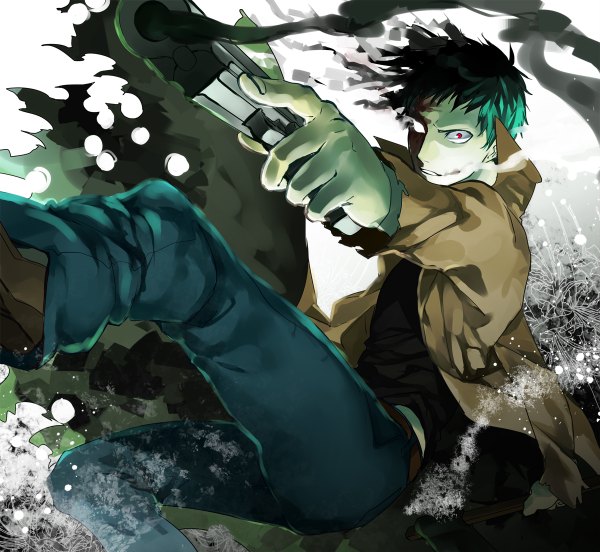 Anime picture 1200x1104 with one-punch man madhouse zombie-man akuma ringo single short hair smile red eyes green hair open clothes open jacket outstretched arm smoke smirk smoking gun boy weapon jacket gun pistol