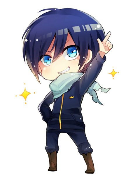 Anime picture 685x900 with noragami studio bones yato (noragami) single tall image short hair blue eyes simple background smile white background blue hair arm up hand on hip chibi humor boy neckerchief