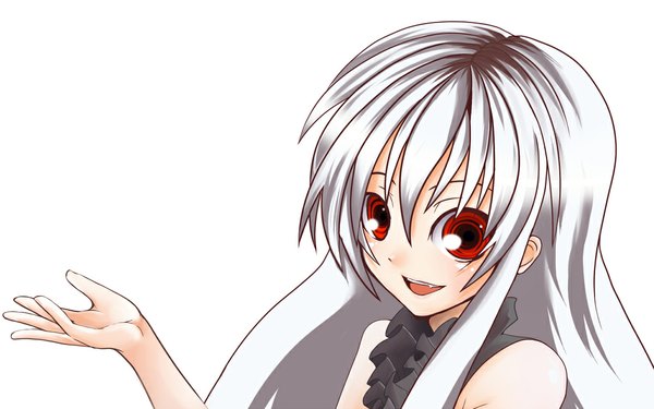 Anime picture 1024x640 with original amino dopple (artist) single long hair looking at viewer blush open mouth simple background red eyes wide image white background bare shoulders silver hair light smile girl