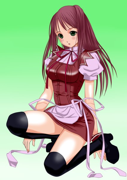 Anime picture 2150x3035 with zakuro0508 single long hair tall image highres simple background brown hair green eyes maid girl thighhighs black thighhighs apron