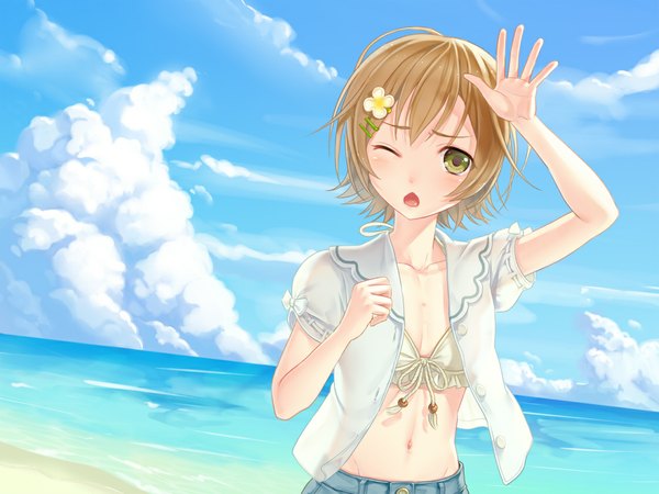 Anime picture 1120x840 with original otosume ruiko single short hair open mouth blonde hair green eyes cloud (clouds) one eye closed wink open clothes open shirt girl navel hair ornament