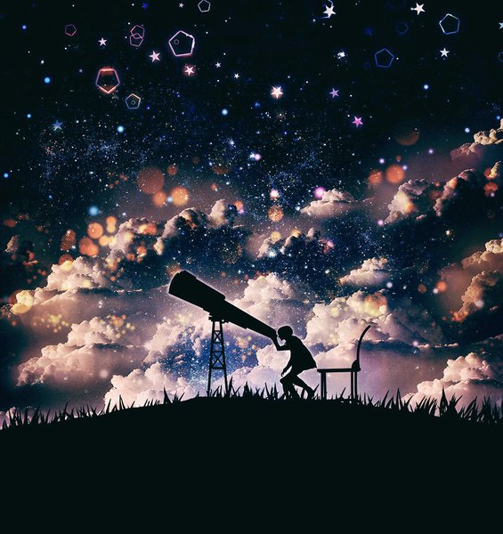 Anime picture 1000x1063 with original harada miyuki single tall image short hair sitting cloud (clouds) bent knee (knees) outdoors night night sky silhouette boy plant (plants) star (symbol) star (stars) grass chair telescope