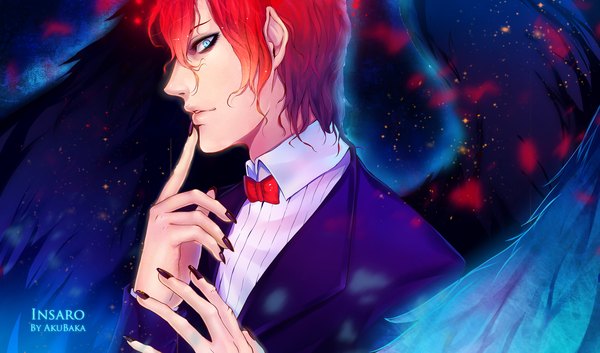 Anime picture 1747x1030 with akubaka single looking at viewer highres short hair blue eyes wide image signed red hair nail polish profile pointy ears glowing black wings boy wings bowtie