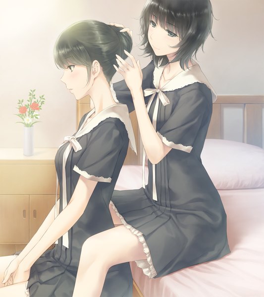 Anime picture 1280x1440 with flowers (innocent grey) innocent grey yaegaki erika takasaki chidori sugina miki long hair tall image blush fringe short hair black hair smile sitting multiple girls green eyes looking away bent knee (knees) indoors head tilt profile