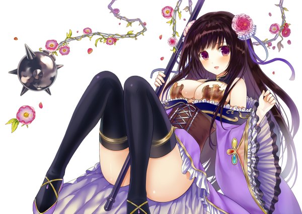 Anime picture 1200x851 with original yuuki rika single long hair looking at viewer blush breasts open mouth light erotic black hair white background purple eyes girl thighhighs dress flower (flowers) black thighhighs