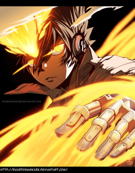 Anime picture 1600x2059 with katekyou hitman reborn sawada tsunayoshi ricardonamikaze single tall image short hair simple background brown hair orange eyes coloring magic glowing black background smoke glowing eye (eyes) boy gloves headphones fire