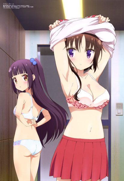 Anime picture 4080x5929 with hinako note megami magazine hagino chiaki nakajima yua sodeyama mami long hair tall image blush highres light erotic brown hair purple eyes multiple girls brown eyes absurdres purple hair looking back official art underwear only one side up