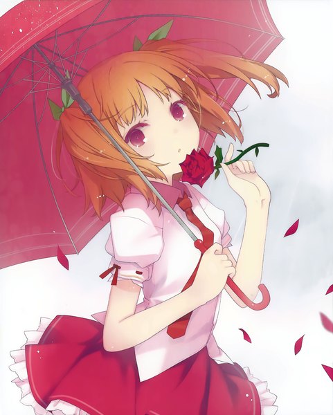 Anime picture 1628x2031 with ore no kanojo to osananajimi ga shuraba sugiru a-1 pictures harusaki chiwa ruroo single tall image looking at viewer fringe short hair simple background purple eyes wind scan orange hair two side up girl flower (flowers) petals rose (roses) umbrella