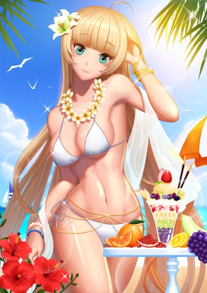 Anime picture 1000x1414 with sword girls helena k sink bong bong single long hair tall image breasts blue eyes light erotic blonde hair smile large breasts standing bare shoulders ahoge hair flower sunlight bare legs bare belly adjusting hair