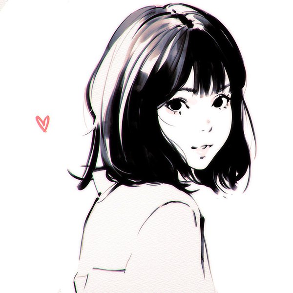 Anime picture 1080x1080 with original ilya kuvshinov single looking at viewer fringe short hair simple background white background upper body looking back monochrome spot color girl heart