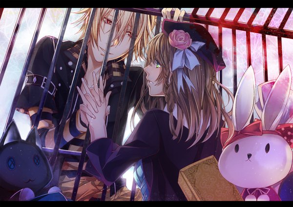 Anime picture 1978x1400 with amnesia idea factory heroine (amnesia) toma (amnesia) highres blonde hair brown hair green eyes yellow eyes couple back holding hands girl boy flower (flowers) bow ribbon (ribbons) hair ribbon cat toy
