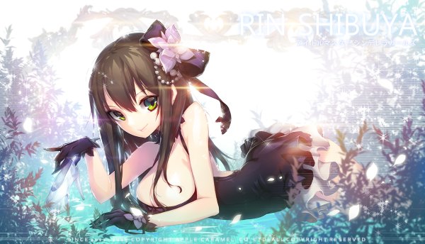 Anime picture 1200x688 with idolmaster idolmaster cinderella girls shibuya rin apple caramel single long hair looking at viewer fringe breasts light erotic smile brown hair wide image large breasts bare shoulders green eyes sunlight high heels reclining sunbeam
