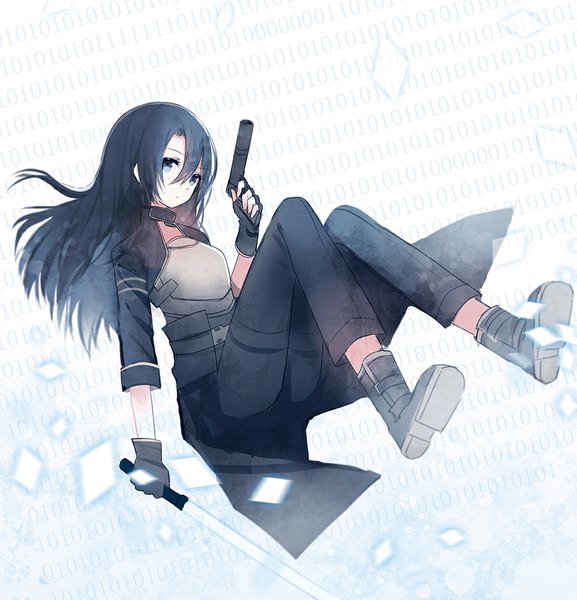 Anime picture 962x1000 with sword art online a-1 pictures kirigaya kazuto cuivre single long hair tall image looking at viewer black hair black eyes weightlessness boy gloves weapon sword shoes armor fingerless gloves gun pants