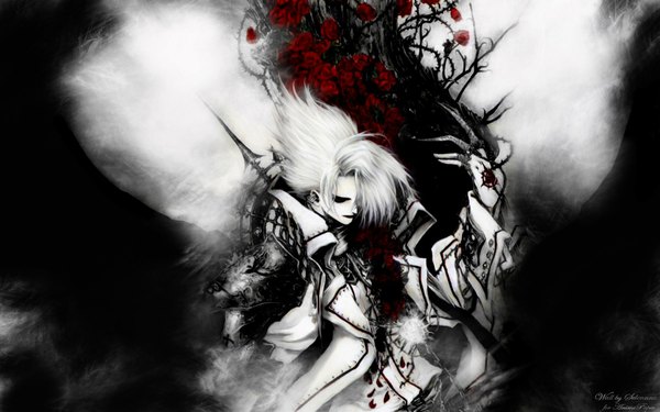 Anime picture 1920x1200 with trinity blood gonzo cain nightroad single fringe highres short hair blonde hair wide image signed white hair black eyes hair over one eye monochrome pale skin boy flower (flowers) petals armor rose (roses)