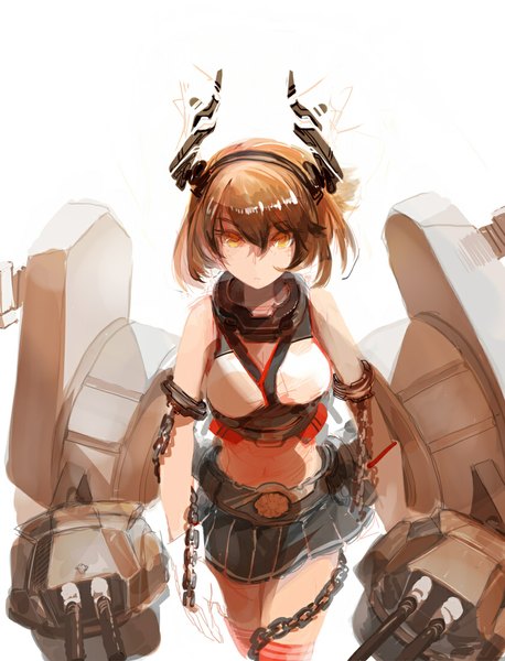 Anime picture 840x1100 with kantai collection mutsu battleship cus-tom single tall image looking at viewer short hair simple background brown hair white background yellow eyes bare belly sketch girl thighhighs skirt gloves navel weapon miniskirt