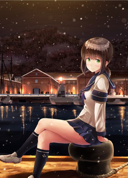 Anime picture 1200x1674 with kantai collection fubuki destroyer ichikawa feesu single tall image looking at viewer blush fringe short hair hair between eyes brown hair green eyes payot pleated skirt light smile night arm support night sky crossed legs snowing