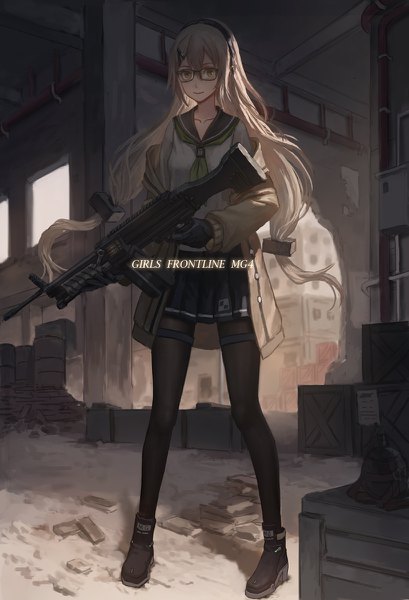 Anime picture 818x1200 with girls frontline mg4 (girls frontline) xukong single long hair tall image looking at viewer fringe blonde hair smile hair between eyes holding yellow eyes full body long sleeves pleated skirt copyright name character names ruins bespectacled