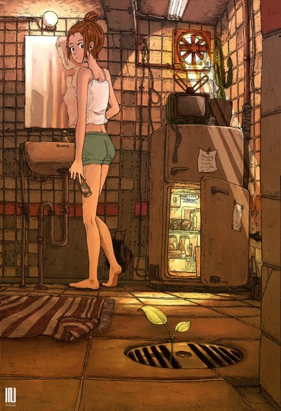 Anime picture 1025x1500 with original inukoko (artist) single tall image short hair brown hair brown eyes ass looking back barefoot from behind sunlight bare legs girl plant (plants) food short shorts fan paper mirror