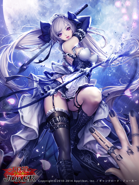 Anime picture 700x933 with furyou michi ~gang road~ joker ~gang road~ kitakouji chisa dadachyo tall image looking at viewer fringe breasts open mouth light erotic large breasts twintails bare shoulders bent knee (knees) white hair very long hair pleated skirt pink eyes tattoo lacing
