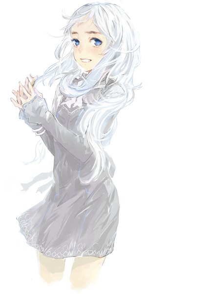 Anime picture 723x1023 with original nimirom single long hair tall image looking at viewer blue eyes simple background smile white background silver hair long sleeves hands clasped interlocked fingers girl dress