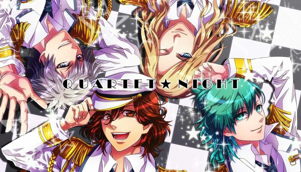 Anime picture 1000x571 with uta no prince-sama a-1 pictures mikaze ai kurosaki ranmaru kotobuki reiji camus touichi yuuto long hair looking at viewer short hair open mouth blue eyes blonde hair smile brown hair wide image purple eyes brown eyes lying one eye closed