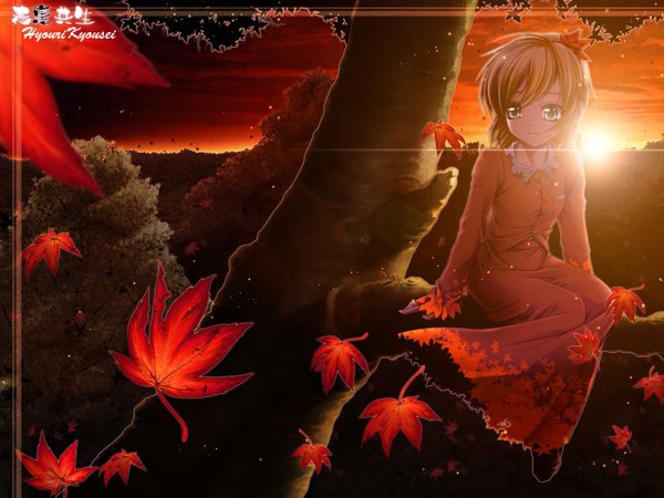 Anime picture 1280x960 with touhou aki shizuha uraomote single short hair sitting lens flare evening sunset autumn girl plant (plants) tree (trees) leaf (leaves)