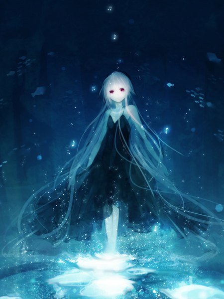 Anime picture 750x1000 with original yuukichi single tall image looking at viewer white hair very long hair pink eyes girl dress black dress sundress fish (fishes)