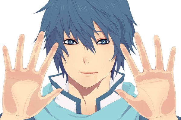 Anime picture 1400x933 with vocaloid kaito (vocaloid) nayu single looking at viewer fringe short hair blue eyes simple background hair between eyes white background blue hair close-up against glass boy