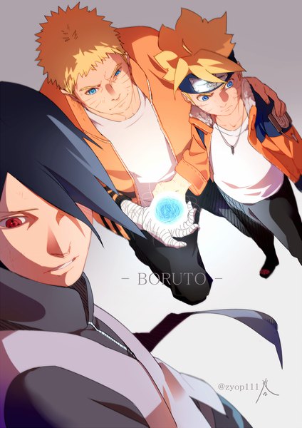 Anime picture 1240x1753 with naruto studio pierrot naruto (series) uzumaki naruto uchiha sasuke uzumaki boruto zifletts tall image fringe short hair blue eyes black hair blonde hair smile red eyes standing signed ahoge from above hair over one eye